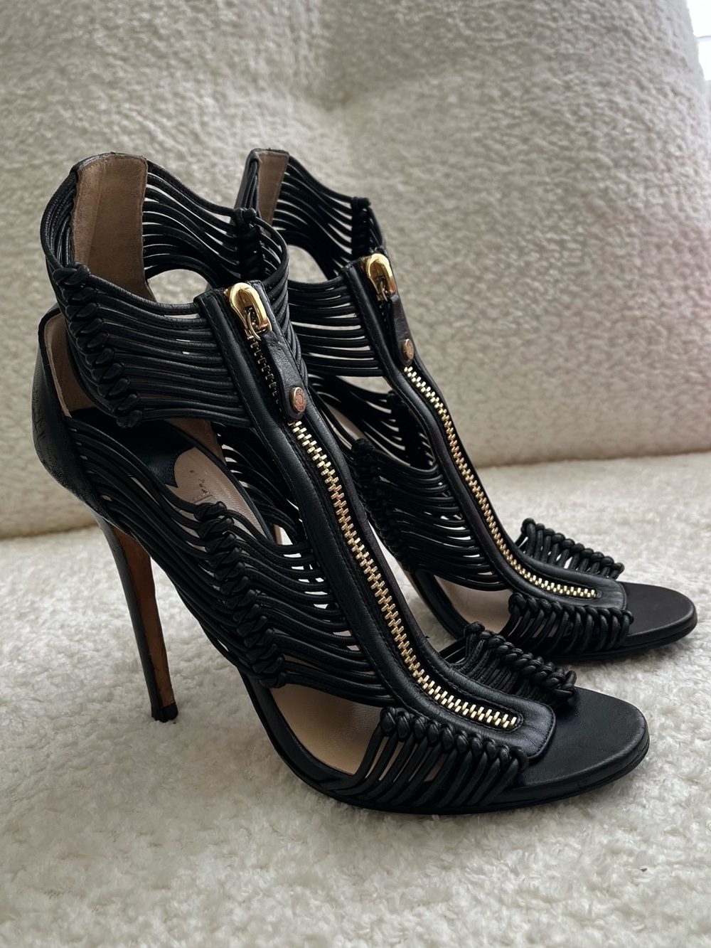 Jimmy Choo Black Strappy Stiletto Sandals with Gold Zip Detail